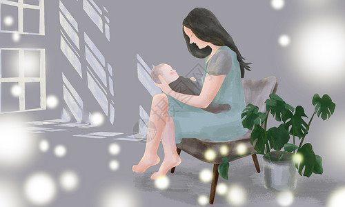 年轻妈妈女孩月光窗台倒影下的母子插画