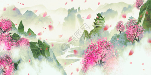 粉色水墨素材古风意境节气山水插画GIF高清图片