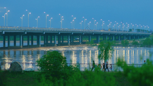 复兴大桥傍晚的河畔公园GIF高清图片