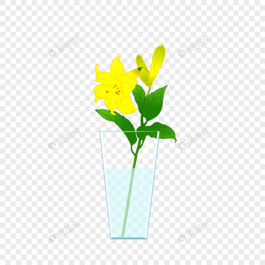 黄色百合花方形花瓶元素图片