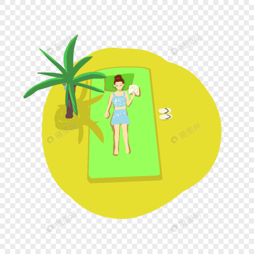 夏天 清爽 沙滩 沙滩床 看书 休闲 插画 女生 棕树图片