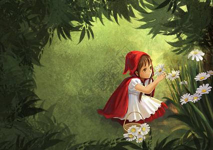 小红帽童话森林采花绘本高清图片素材