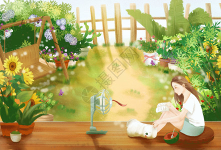 夏日西瓜裙女孩夏季小院子的午后时光GIF高清图片