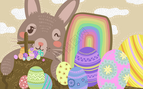 唯美兔子与彩蛋插画图片