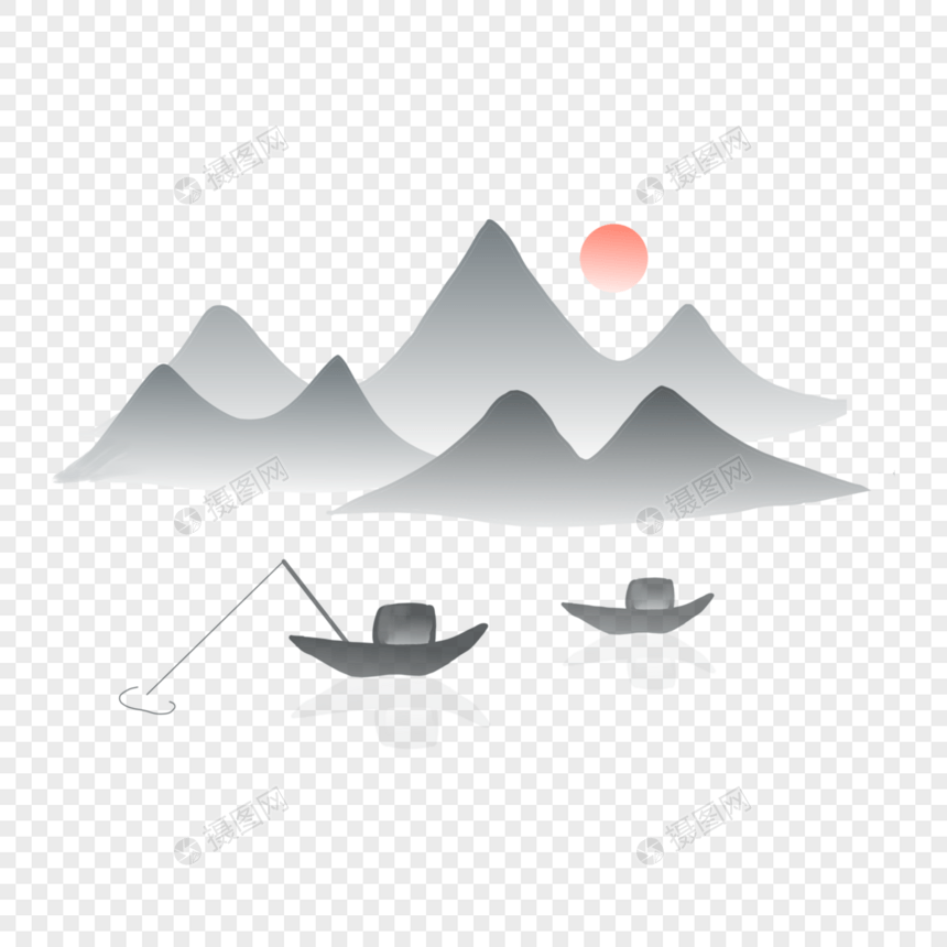 中国风古风水墨风山水渔船手绘装饰图案图片