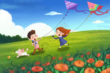 小狗和球初夏花丛玩耍放风筝插画插画