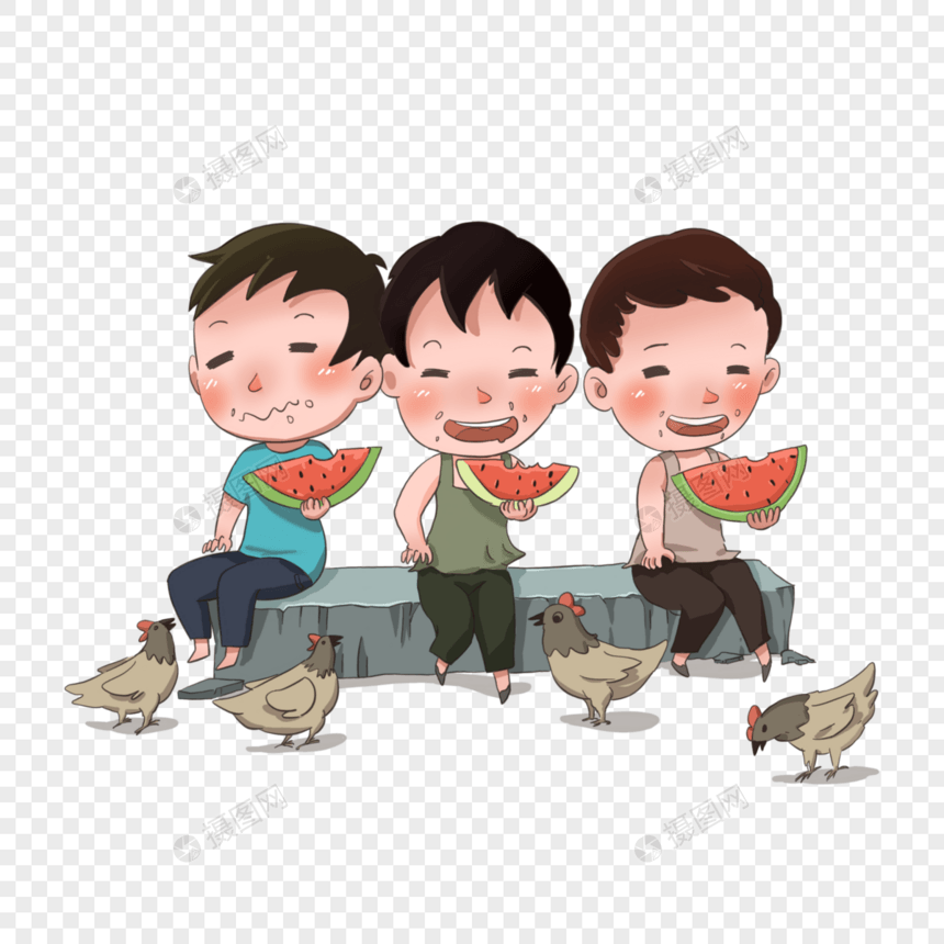 三个孩子吃西瓜图片