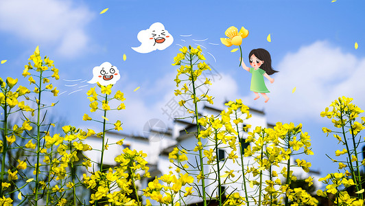 创意油菜花田的风中女孩高清图片