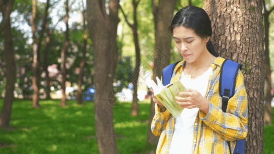 清纯女学生靠在树边看书的女学生GIF高清图片