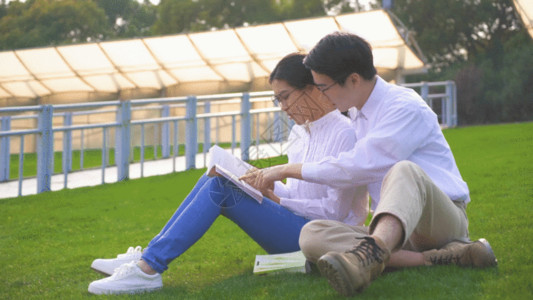 草地长椅青年情侣一起看书GIF高清图片
