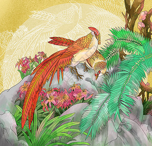 中国风工笔花卉花鸟山鸟图背景图片