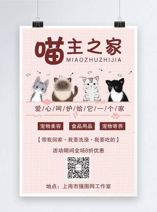 卡通小鱼钓小猫粉色可爱宠物猫咪店海报模板