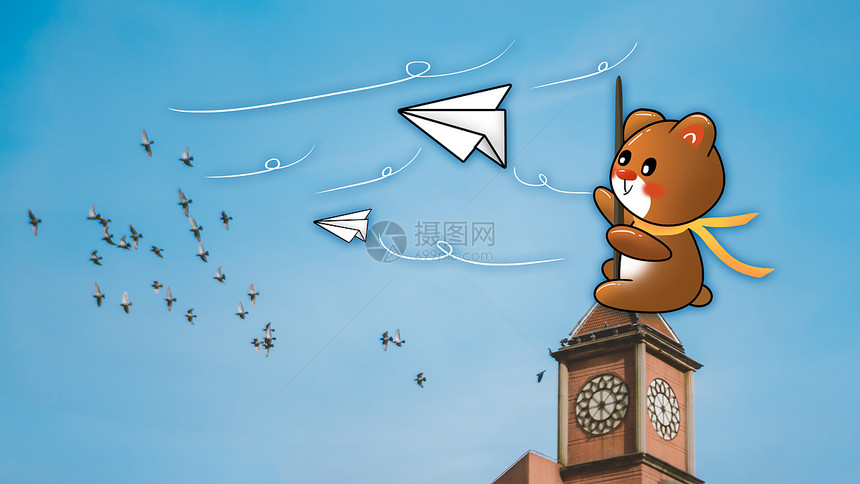创意钟楼小熊飞纸飞机图片