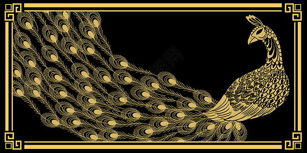 黑色中国风线条孔雀花纹元素背景插画