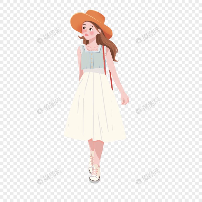 立夏白色长裙戴草帽的度假少女图片