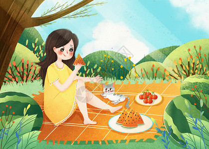 夏日郊外女孩野餐吃西瓜大暑高清图片素材