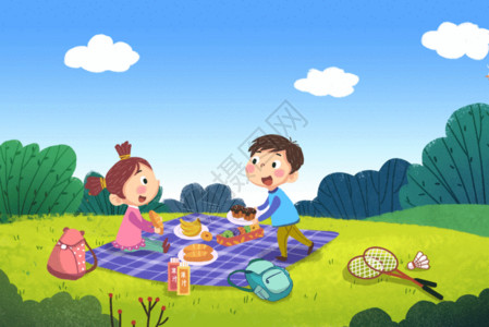 野餐垫与食物春游郊游踏青野餐插画gif高清图片