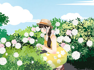 绿色小清新风格初夏在花丛中赏花的女孩图片