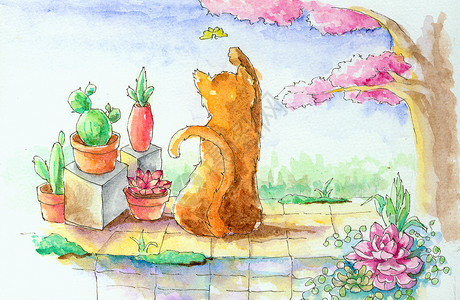 仙人掌树露台的猫咪插画