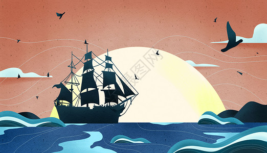 轮船风景海上生明月插画