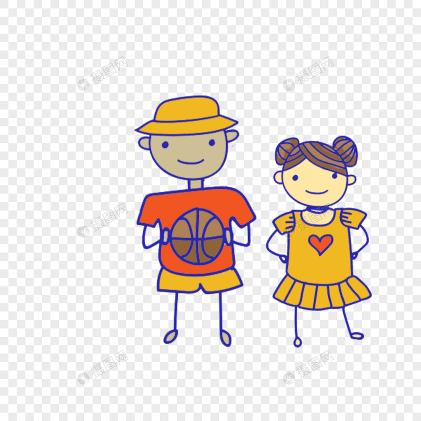 手绘开心打篮球的男孩和女孩图片