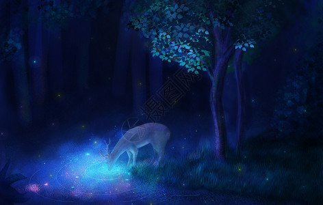黑暗丛林林间喝水的鹿插画