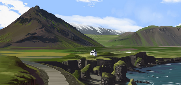 草原小屋冰岛插画