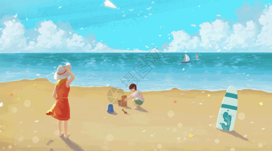 阳光大海沙滩海边度假的母子gif高清图片