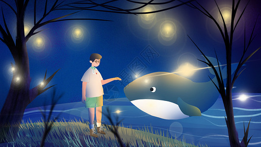 文艺背景海报蓝色小清新男孩与鲸鱼相遇治愈插画插画
