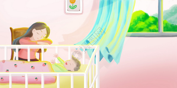 婴儿床挂饰母亲照看孩子插画