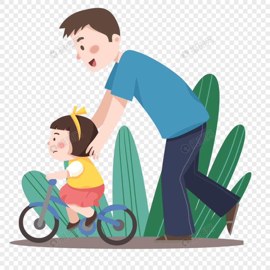 手绘卡通父亲节陪孩子骑自行车的爸爸