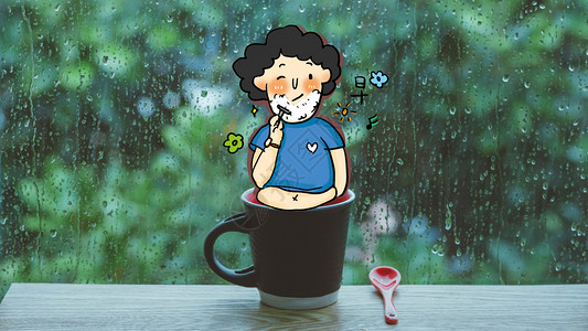 雨天窗户雨天水珠玻璃咖啡杯插画