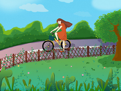 桥公路骑自行车健身的女孩插画