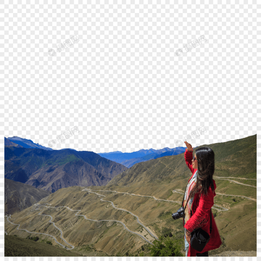 西藏高原盘山公路与女孩的倩影图片