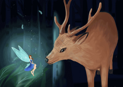 鹿与女孩儿森林中的鹿与精灵 GIF高清图片