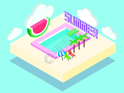 夏天泳池清凉25d矢量插画图片