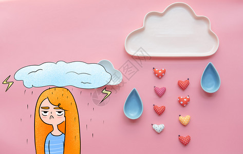 女孩哭泣可爱云朵心形雨滴插画