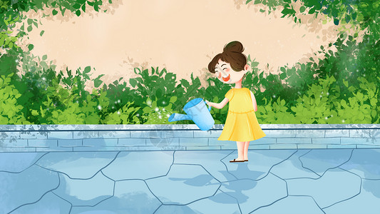 年轻女孩子夏天给植物浇水插画