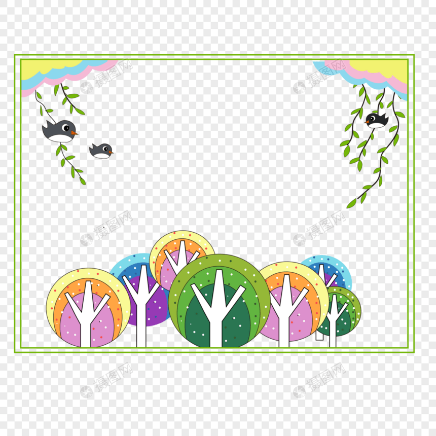 彩色卡通大树树叶小鸟边框图片