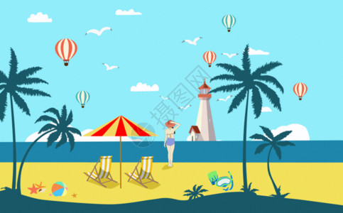 蓝天海鸥夏日沙滩插画GIF高清图片
