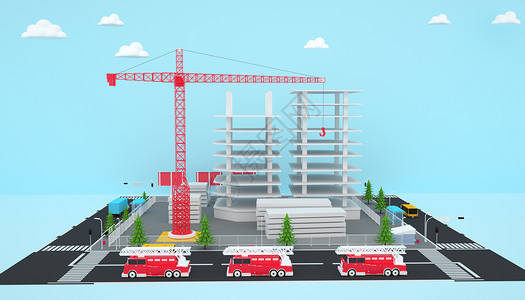 消防车卡通城市建筑场景设计图片