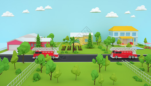 消防车卡通城市建筑场景设计图片