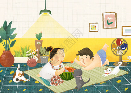 电风扇卡通夏天在家吃西瓜插画