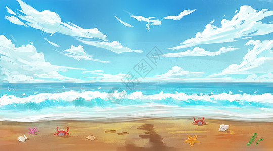 手绘大海手绘沙滩风景设计图片