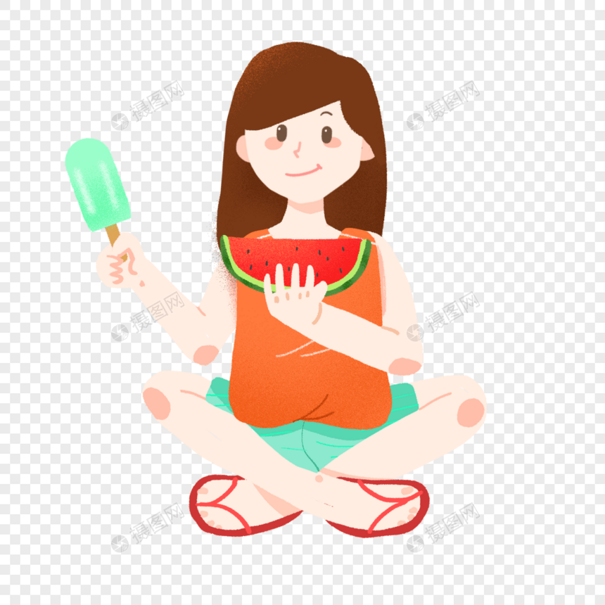 夏天坐着吃西瓜和冰棒的女孩图片