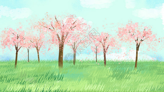 一排樱花树春天背景设计图片