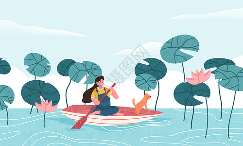 夏日游湖划桨的人高清图片