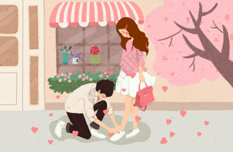 奶茶店门口系鞋带的情侣gif高清图片