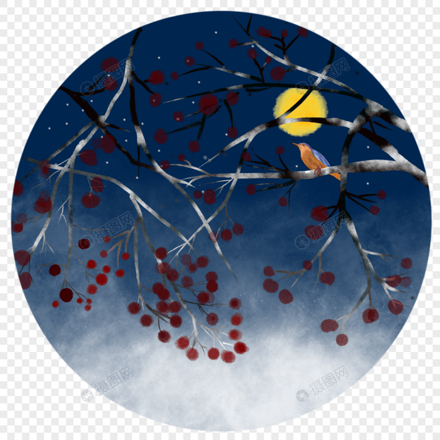 中国风水彩水墨雪夜柿子树栖息的小鸟图片