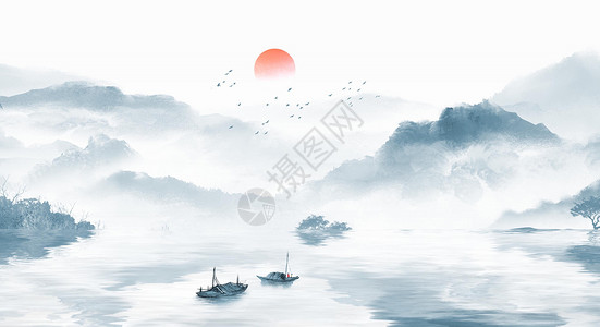 太阳下中国风山水画插画